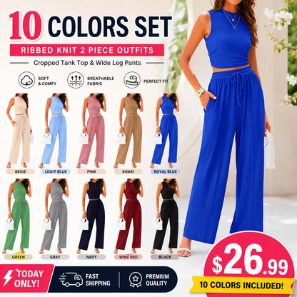 Women Summer 2 Piece Outfits Ribbed Knit Cropped Top Elastic Waist Wide Leg Pants Lounge Set
