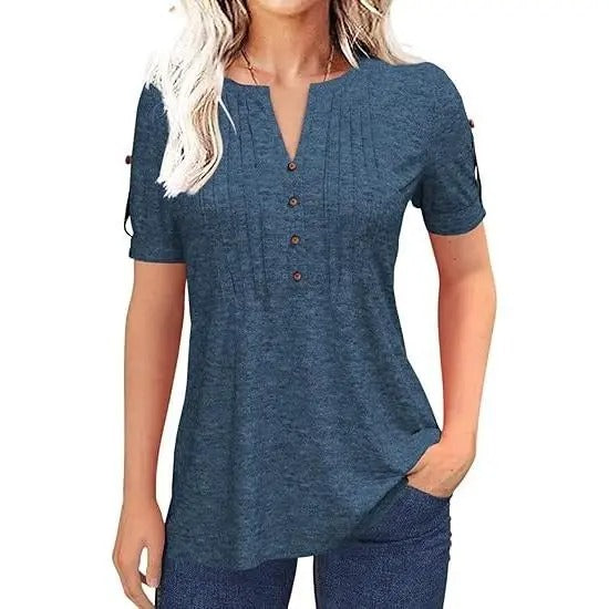 🔥Women's V Neck T Shirt – Casual Pleated Button Top, Loose Fit Short