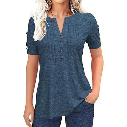 🔥Women's V Neck T Shirt – Casual Pleated Button Top, Loose Fit Short