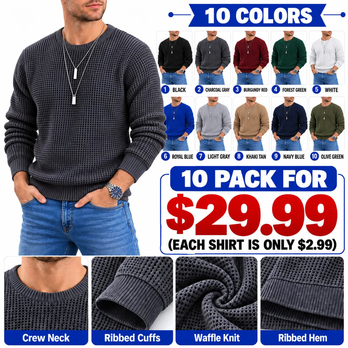 Men's Crewneck Sweater Soft Casual Sweaters Classic Long Sleeve Pullover Sweaters with Ribbing Edge
