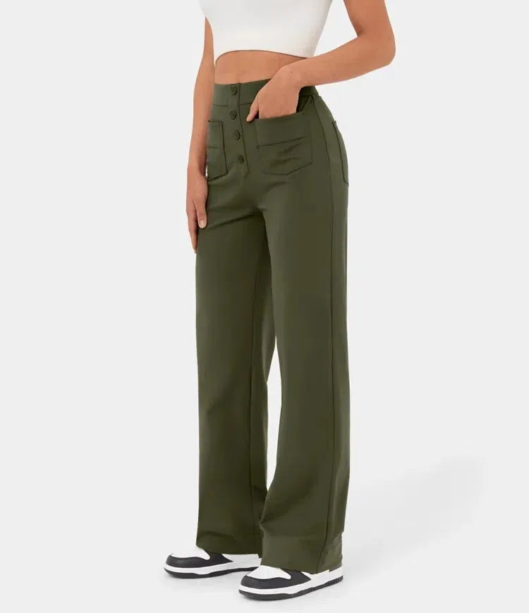 High Waisted Button Multiple Pockets Straight Leg Casual Pants