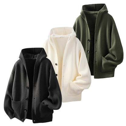 Men's Plain Minimalist Solid Heavyweight Long-Sleeve Buttoned Hood Snap Sweatshirt