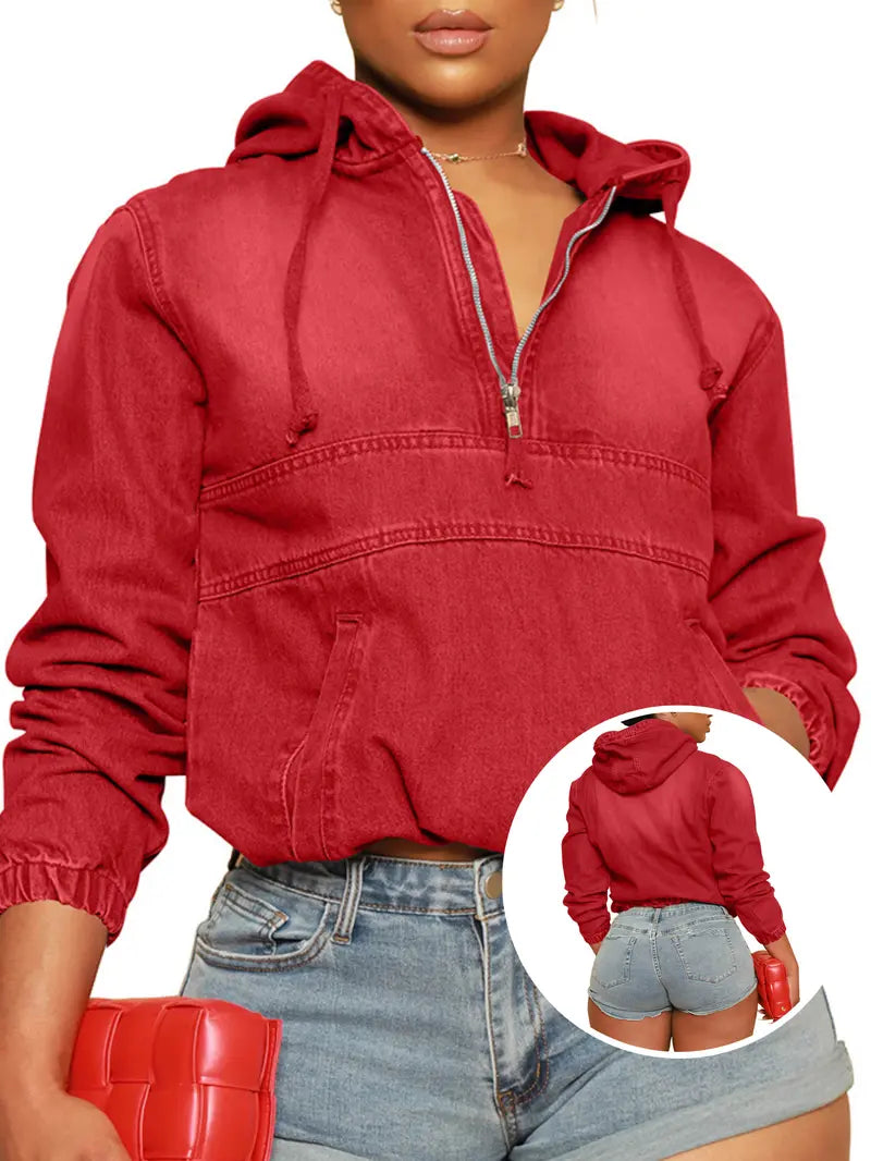 🔥 FACTORY CLEARANCE SALE ⚡Women's Washed Denim Half-Zip Hoodie | Soft, Comfortable, Easy-to-Wear Casual Outerwear
