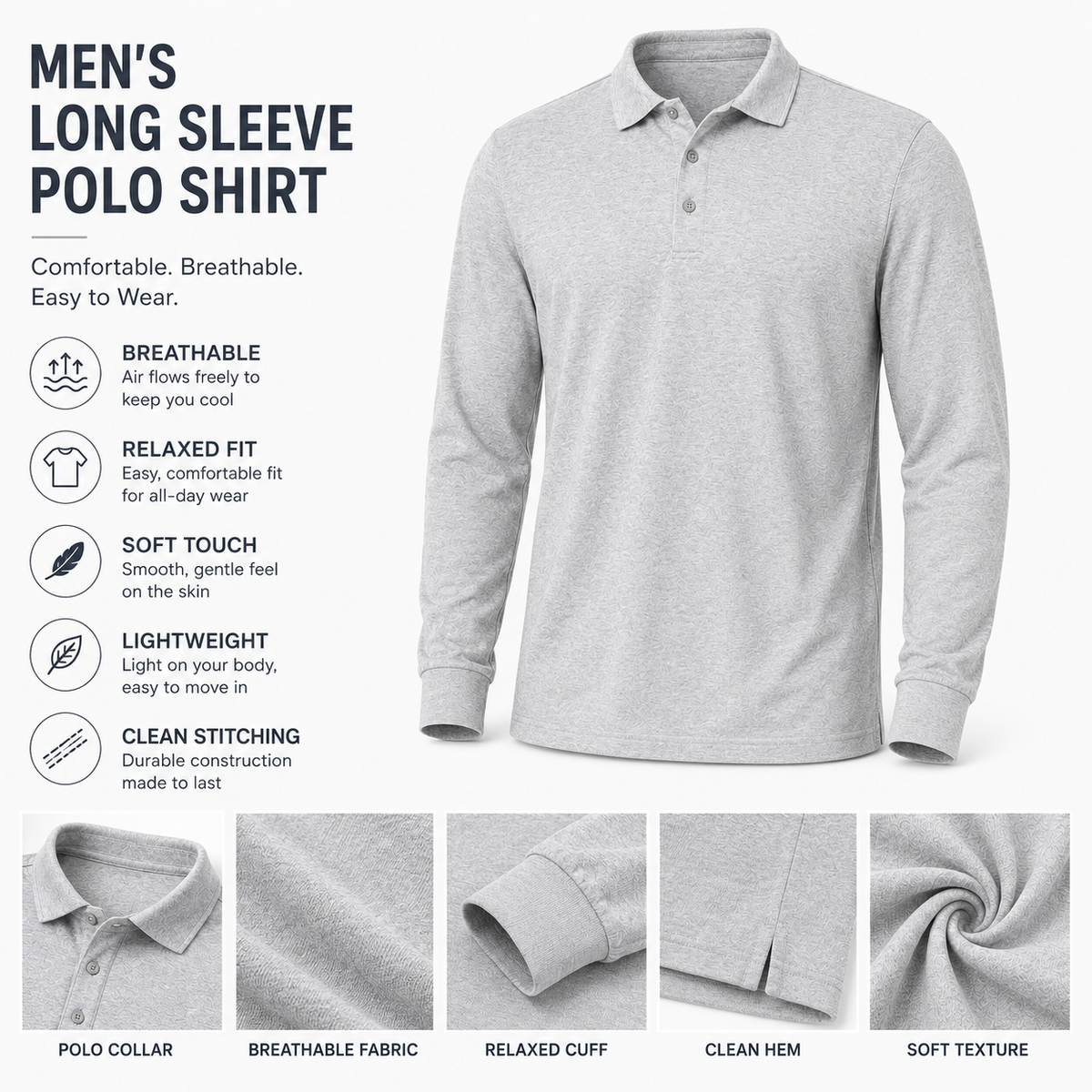 Men's Relaxed Textured Long Sleeve Polo Shirt