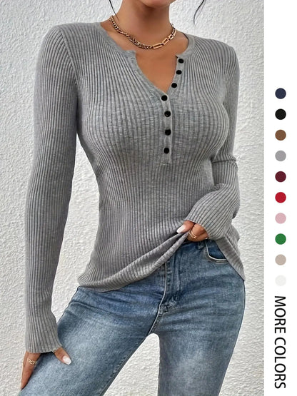 Women's Plain Basic Button Front Ribbed Sweater Tops