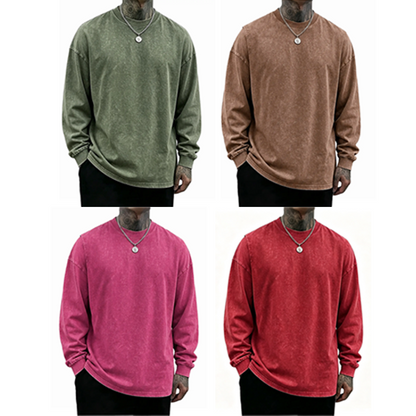 Men's 8-Pack Oversized Washed Long-Sleeve Tee – Unisex Distressed Vintage Crewneck Top