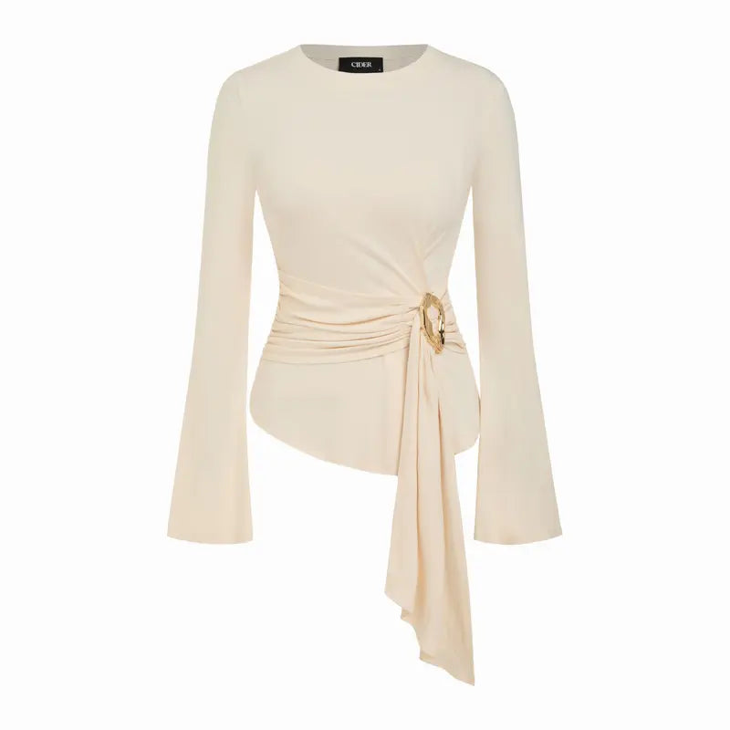Round Neckline Ruched Metal Detail Long Sleeve Tee