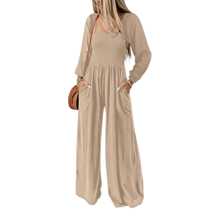 Women's Casual Loose Overalls Jumpsuits One Piece Long Sleeve Wide Leg Long Pant Rompers With Pockets