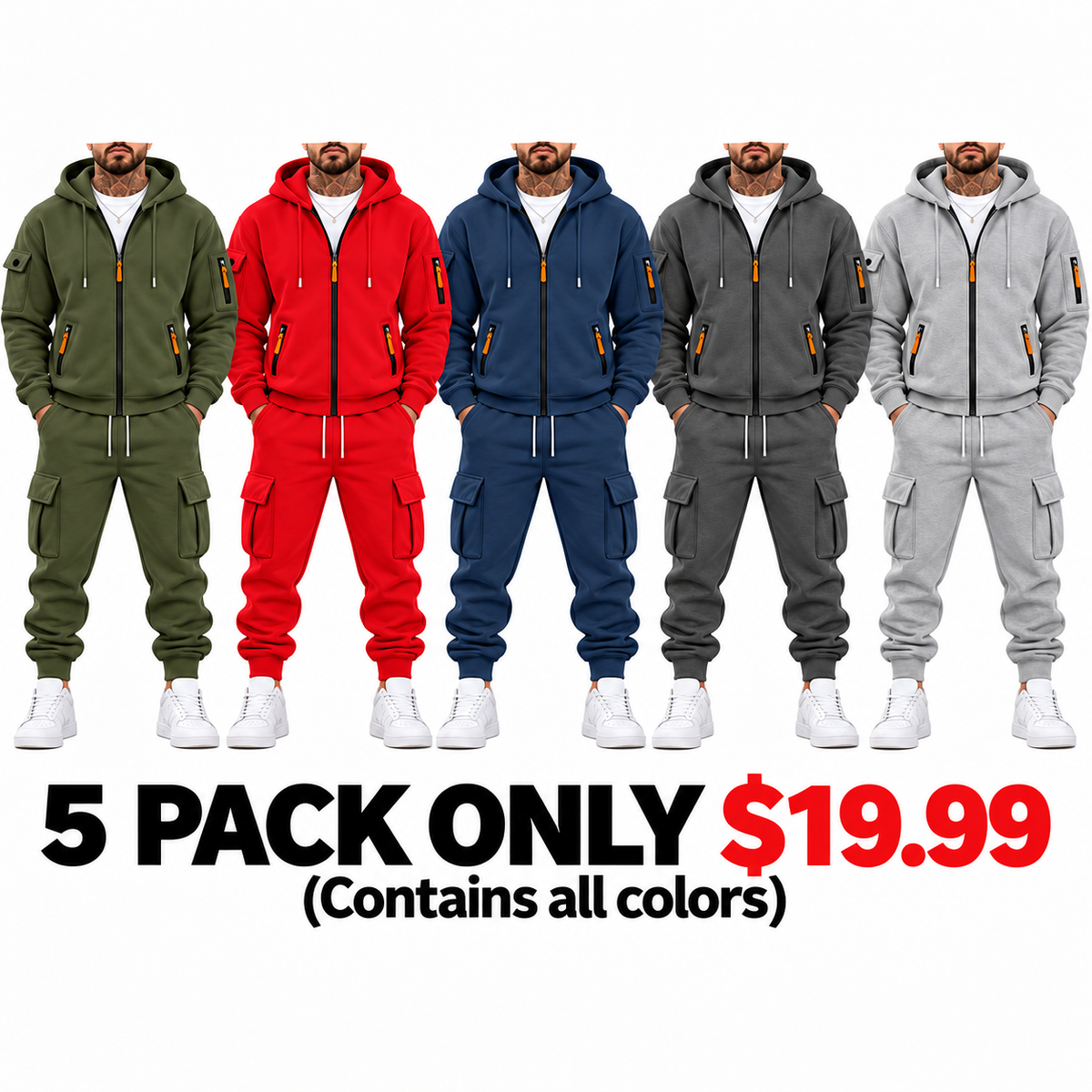 Men’s Cargo Tracksuit Set Full‐Zip Hooded Jacket + Pants (Polyester)