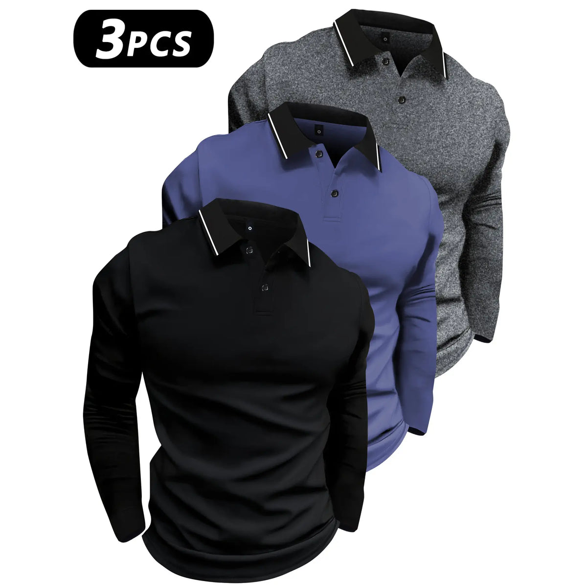 2-Pack Men's Long-Sleeved Lapel Polo Shirts