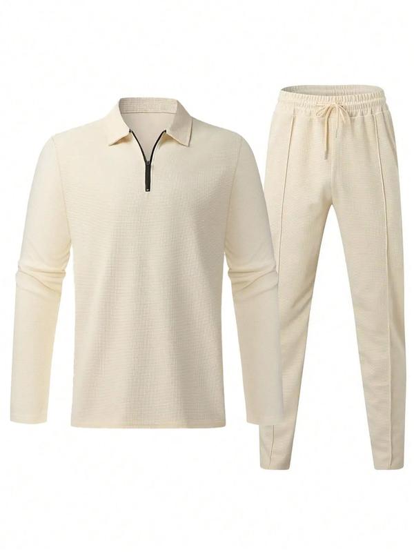 Men's Solid Textured Long Sleeve Polo Shirt & Drawstring Waist Pants Set