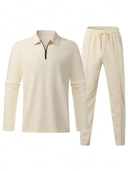 Men's Solid Textured Long Sleeve Polo Shirt & Drawstring Waist Pants Set