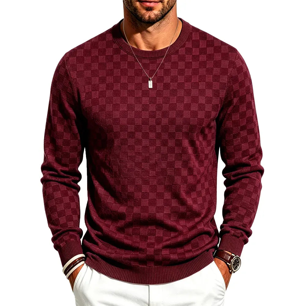 Men's Classic Plaid Knit Pullover with Textured Grid Pattern & Long Sleeves