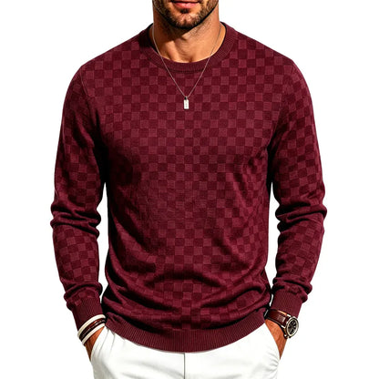 Men's Classic Plaid Knit Pullover with Textured Grid Pattern & Long Sleeves