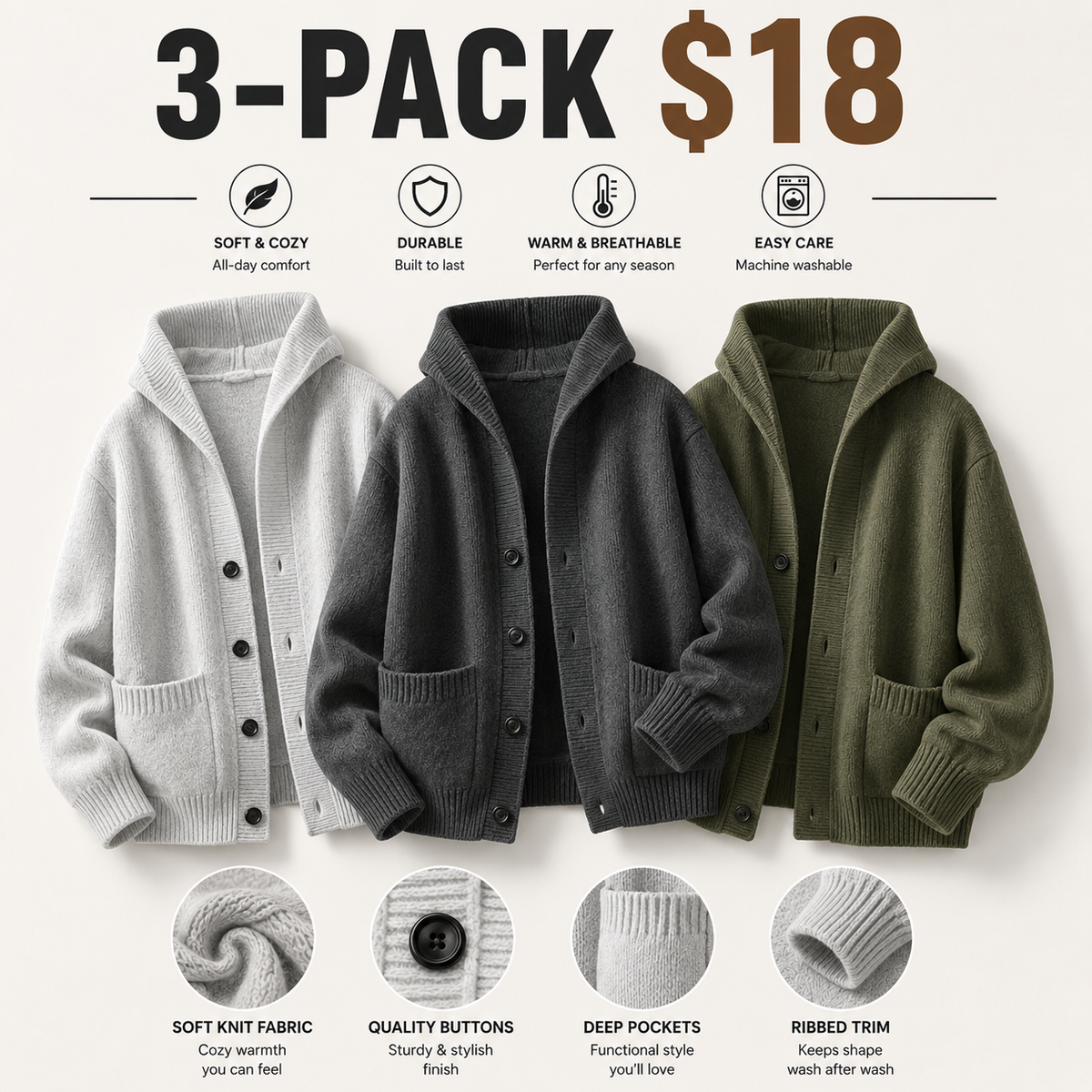Men's Solid Heavyweight Button-Up Hooded Sweatshirt – Fitted Retro Pullover