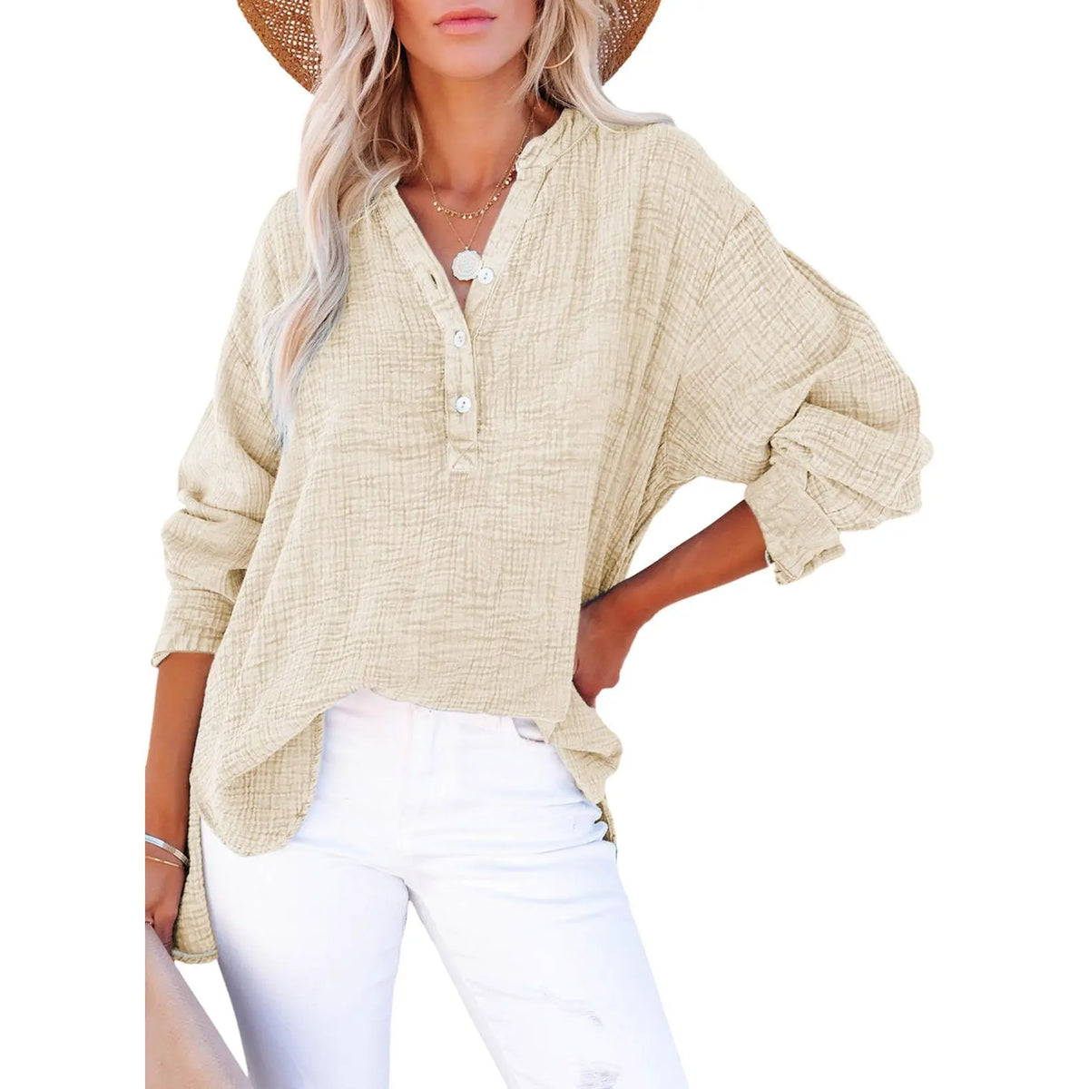 Flash Sale🔥 Women's Cotton V Neck Button Blouse Tops