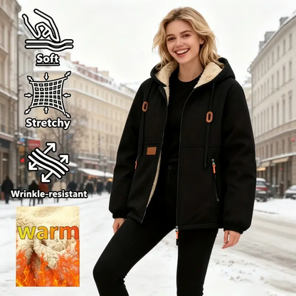 Women's Fleece Hooded Coat – Thick Warm Outerwear with Patch Detailing, Worldwide Shipping