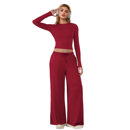 Women's 2-Piece Activewear Set Long-Sleeve Crop Top & Wide-Leg Pants Stretchy Fabric for Yoga