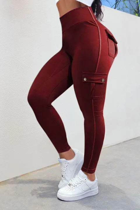 Solid Flap Pocket High Waist Sports Leggings