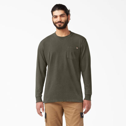 Heavyweight Long Sleeve Pocket T-Shirt,100% Cotton,Long Tail,Tagless Label,Classic Crew Neck,Chest Pocket,Workwear Style
