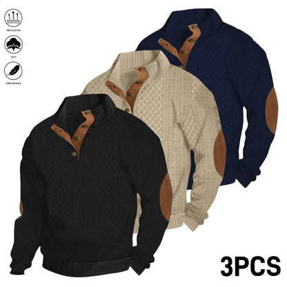Men's Jacquard Stand Collar Long Sleeve Henley Tops 3-Pack