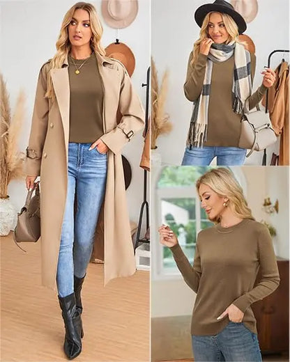 Women Spring Fashion Wool Blend Sweater 2025 Long Sleeve Crew Neck Business Casual Pullover Tops Trendy Outfits