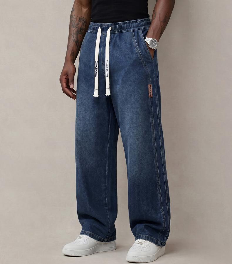 Men's Stretch 100% Cotton Loose Fit Jeans with Elastic Drawstring Waist