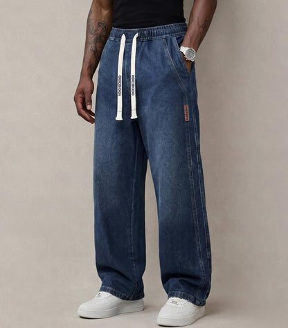 Men's Stretch 100% Cotton Loose Fit Jeans with Elastic Drawstring Waist
