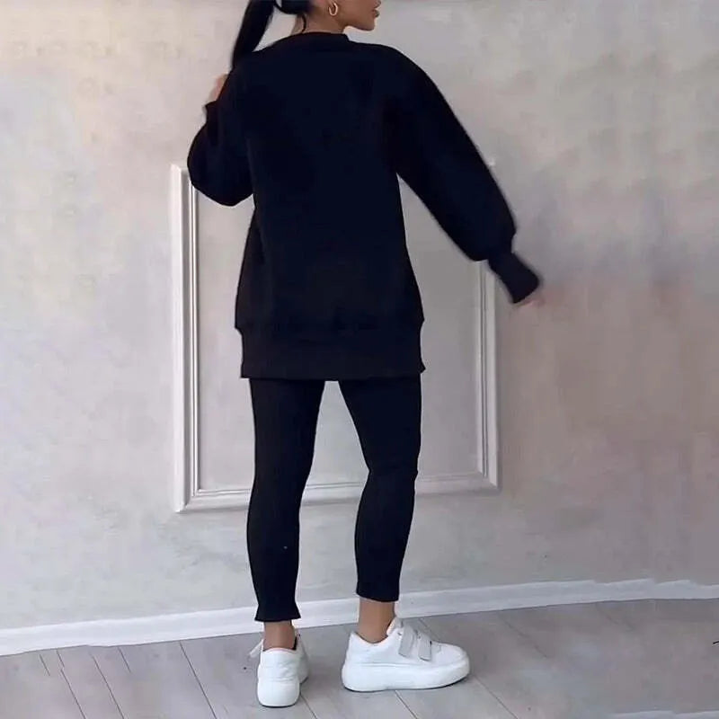 Women's Casual Solid Color Round Neck Long Sleeve Slit Hem Sweatshirt Leggings Set