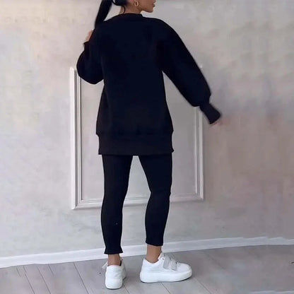Women's Casual Solid Color Round Neck Long Sleeve Slit Hem Sweatshirt Leggings Set