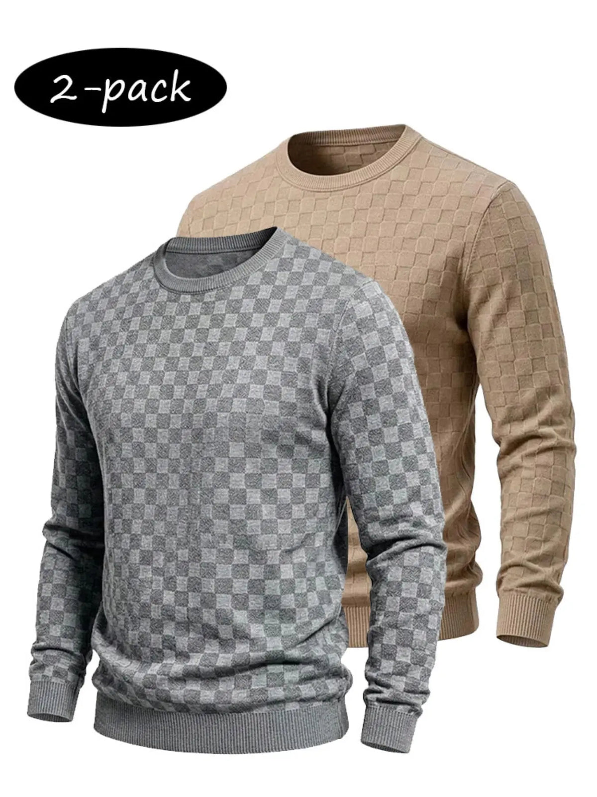 4-Pack Men's Checkered Knit Sweaters – Lightweight Crewneck Long Sleeve Pullovers