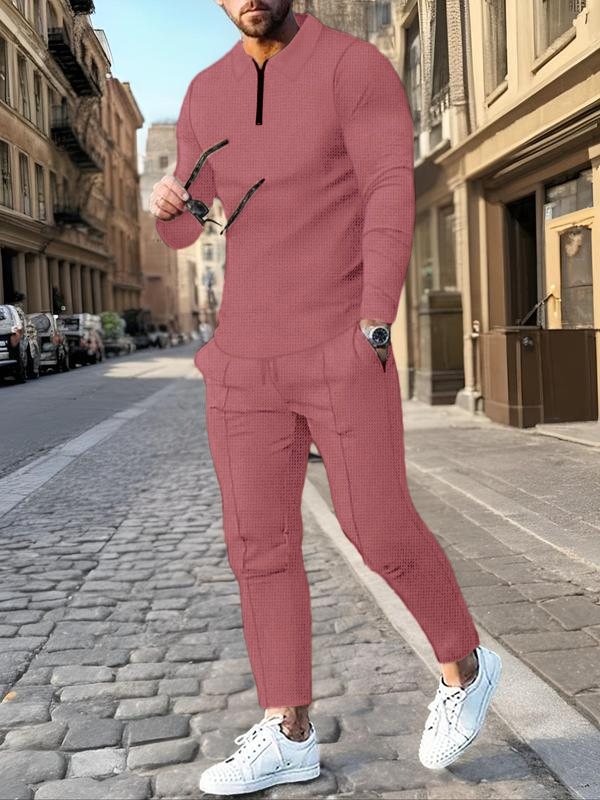 Men's Solid Textured Long Sleeve Polo Shirt & Drawstring Waist Pants Set