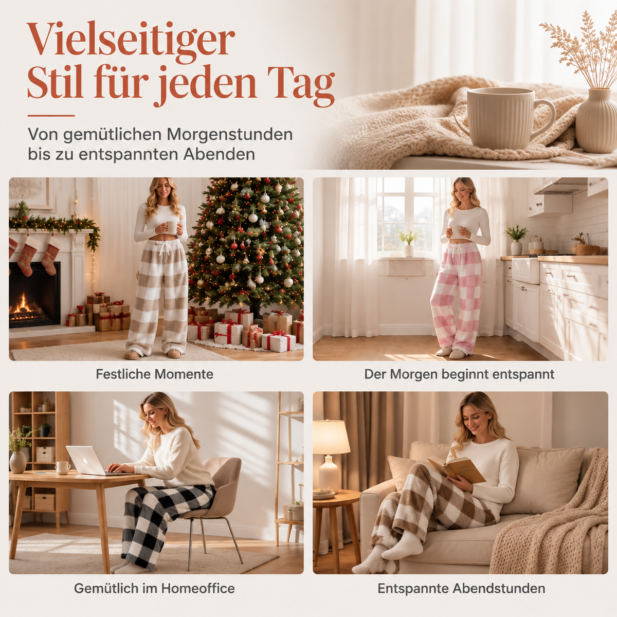 ☁️ Wohlfühl-Komfort | Plüschige Damenhose mit Karomuster und weitem Bein