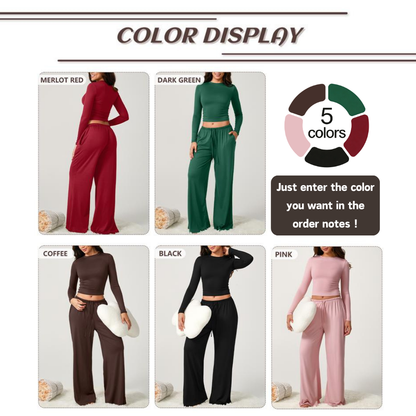 Women's 2-Piece Activewear Set Long-Sleeve Crop Top & Wide-Leg Pants Stretchy Fabric for Yoga