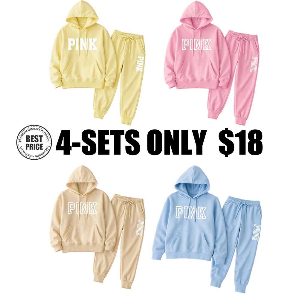 Women's Pink Print Hoodie And Drawstring Track Pants Set
