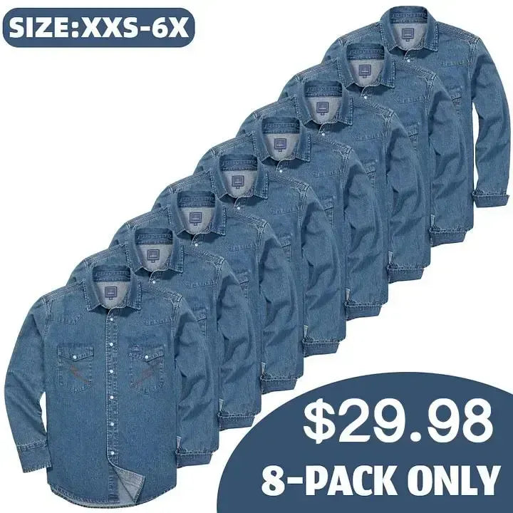 Men's Long Sleeve Stone-Washed and Pre-Washed Denim Work Shirt