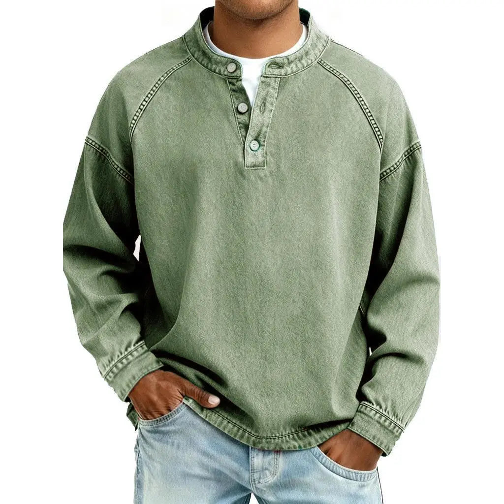 Men's Vintage Washed Henley Pullover – 3-Button Long Sleeve Relaxed Fit Casual Shirt
