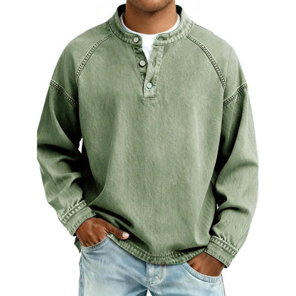 Men's Vintage Washed Henley Pullover – 3-Button Long Sleeve Relaxed Fit Casual Shirt