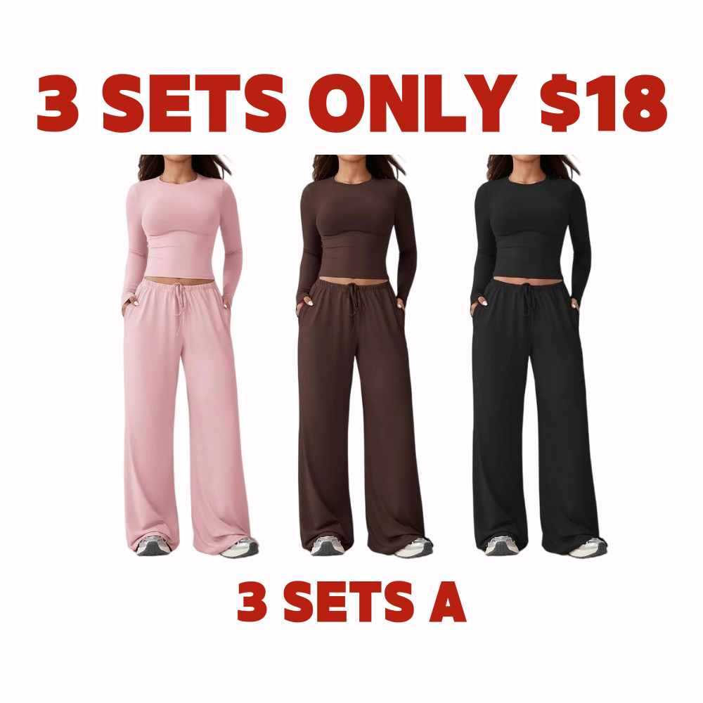 Women's 2-Piece Activewear Set Long-Sleeve Crop Top & Wide-Leg Pants Stretchy Fabric for Yoga