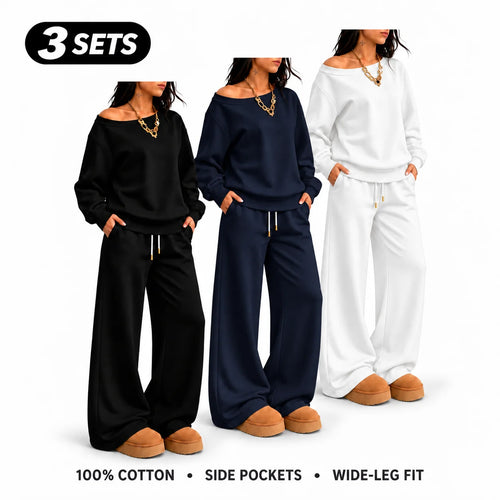 Women's 100% Cotton Two-Piece Set with Asymmetrical Sweatshirt & Wide-Leg Pants