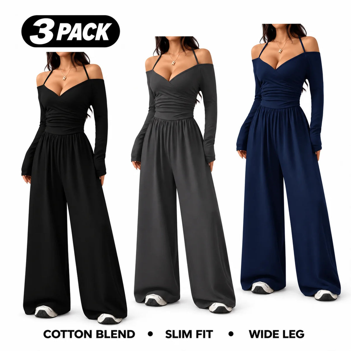 Women's Cotton-Blend Slim-Fit Pleated Off-Shoulder Wide-Leg Jumpsuit