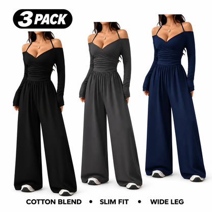 Women's Cotton-Blend Slim-Fit Pleated Off-Shoulder Wide-Leg Jumpsuit