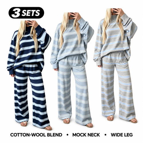 Women’s Cotton-Wool Striped Knit Mock-Neck Pullover & Wide-Leg Pants Set