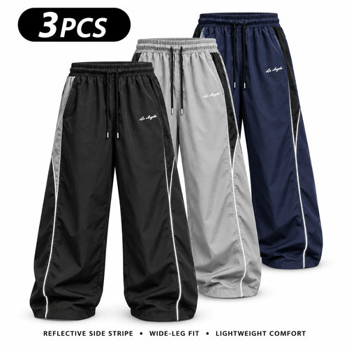 Men's Reflective Side Stripe Wide-Leg Streetwear Pants