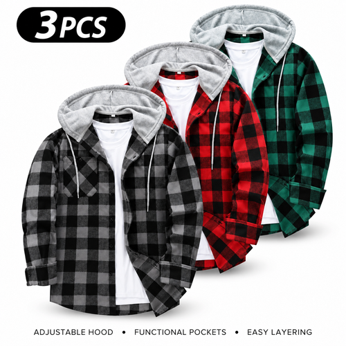 Men's Flannel Plaid Hooded Drawstring Jacket with Pockets