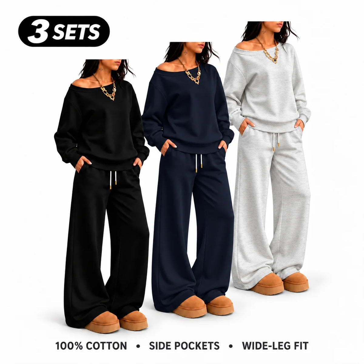 Women's 100% Cotton Two-Piece Set with Asymmetrical Sweatshirt & Wide-Leg Pants