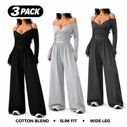 Women's Cotton-Blend Slim-Fit Pleated Off-Shoulder Wide-Leg Jumpsuit