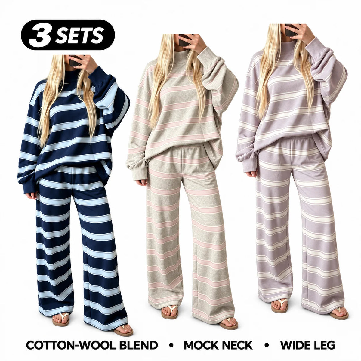 Women’s Cotton-Wool Striped Knit Mock-Neck Pullover & Wide-Leg Pants Set
