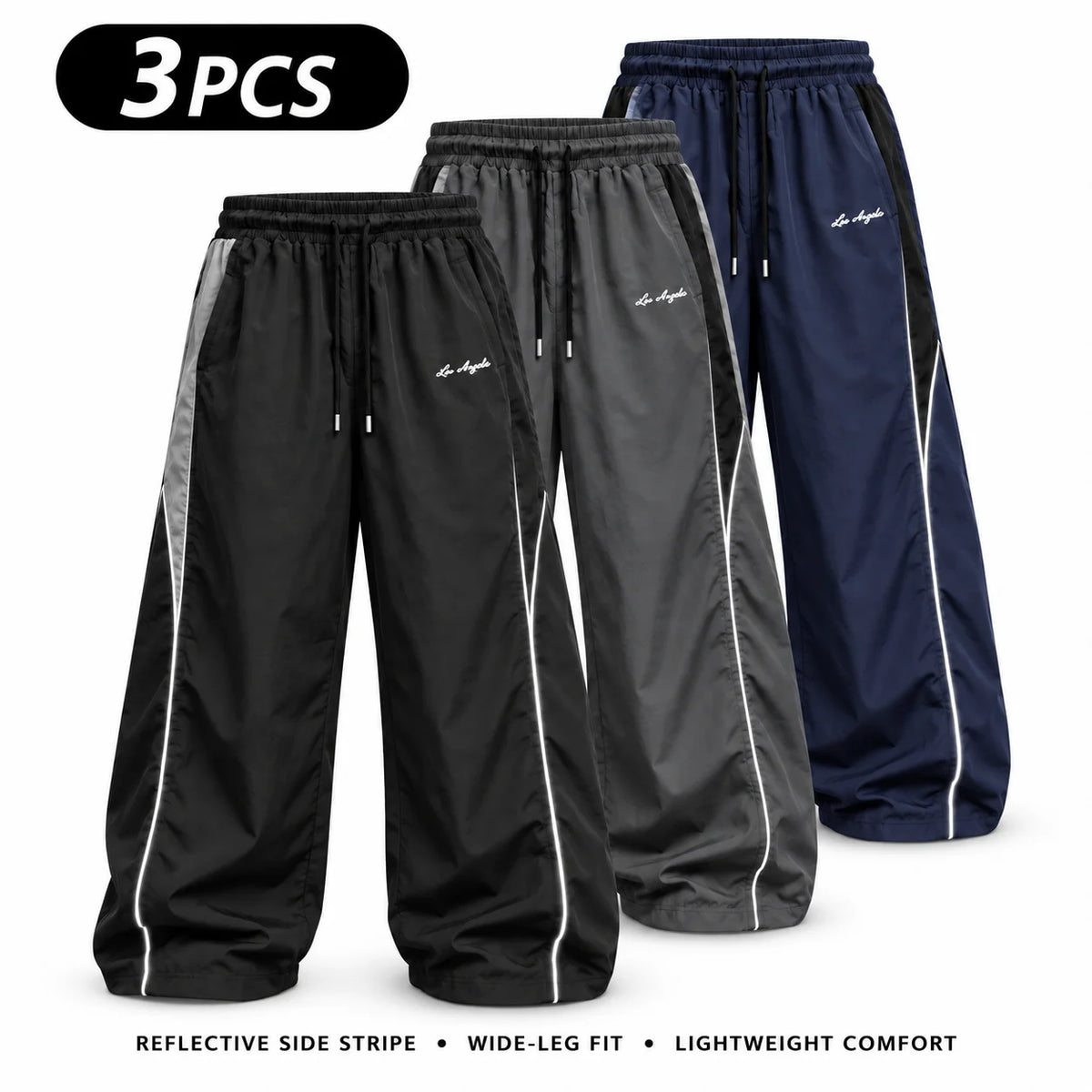 Men's Reflective Side Stripe Wide-Leg Streetwear Pants