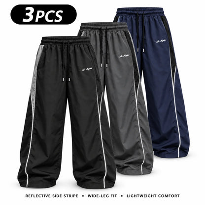 Men's Reflective Side Stripe Wide-Leg Streetwear Pants